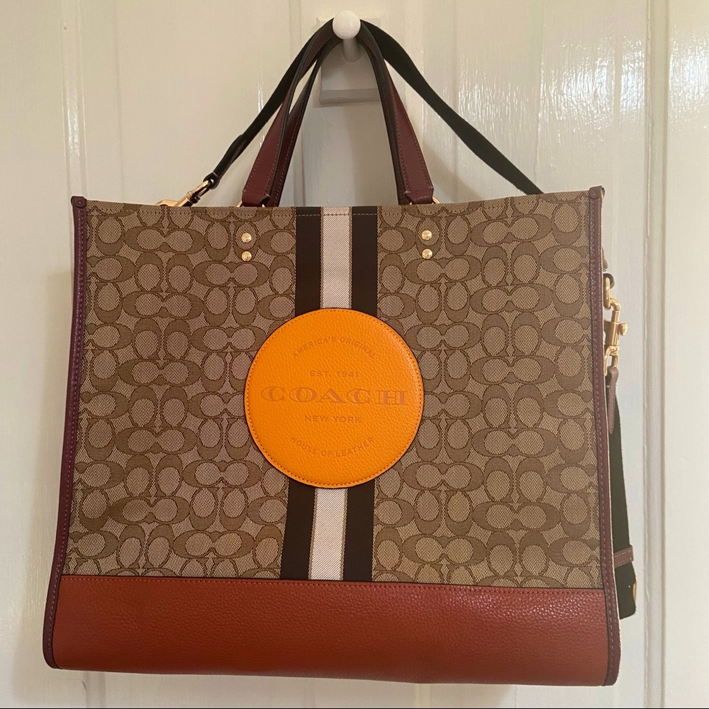 COACH Dempsey Tote 40 in signature jacquard w/ stripe & Coach patch - Orange